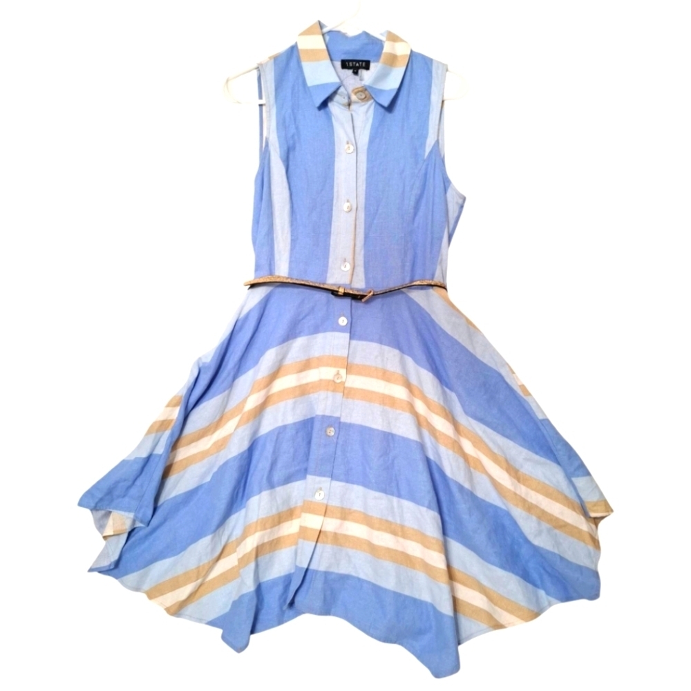 1. State Striped Print Midi Asymmetric Dress Linen Blend Sleeveless Small NWOT